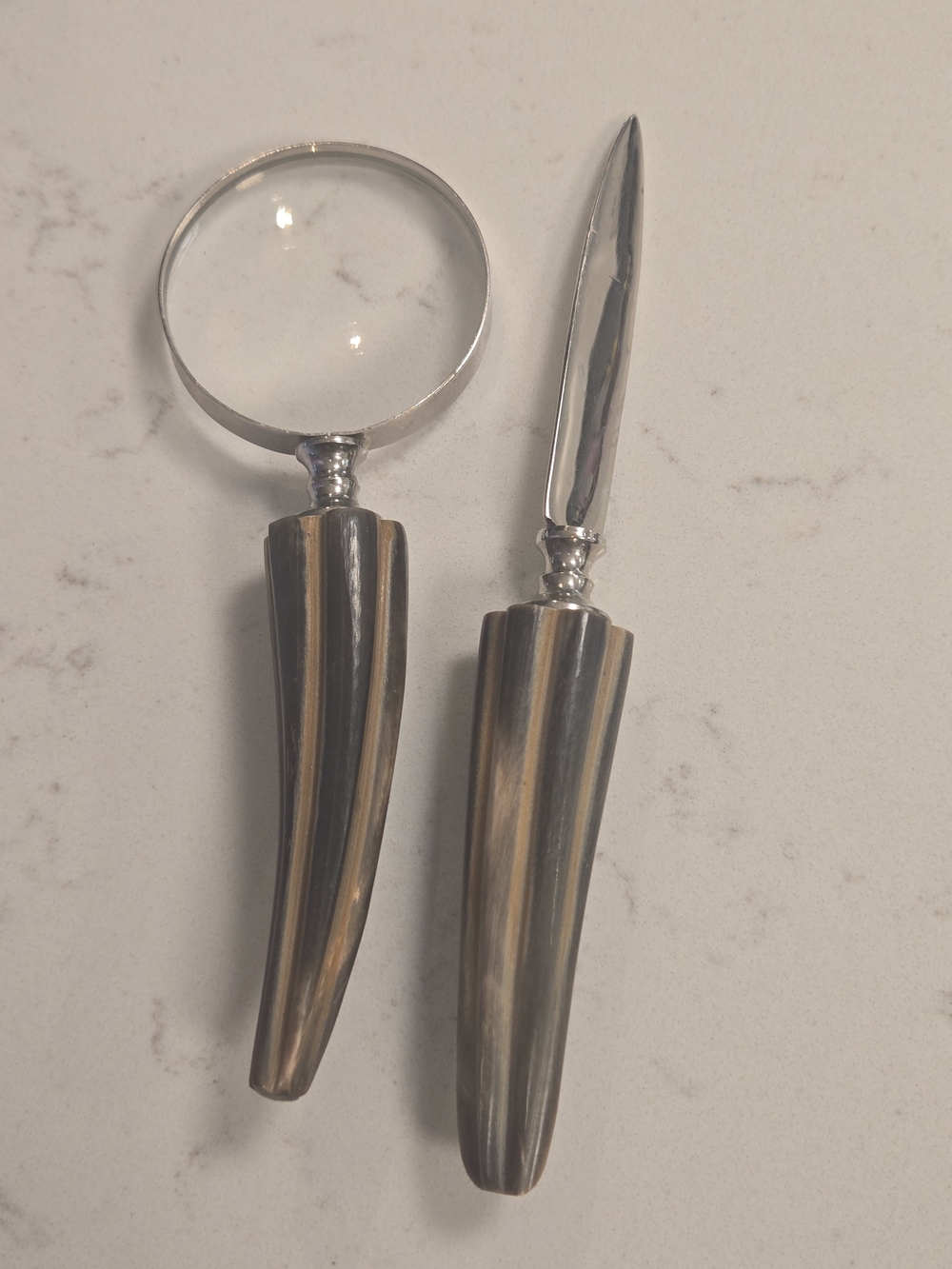 Horn-Style Magnifier and Letter Opener Set in Brown and Silver